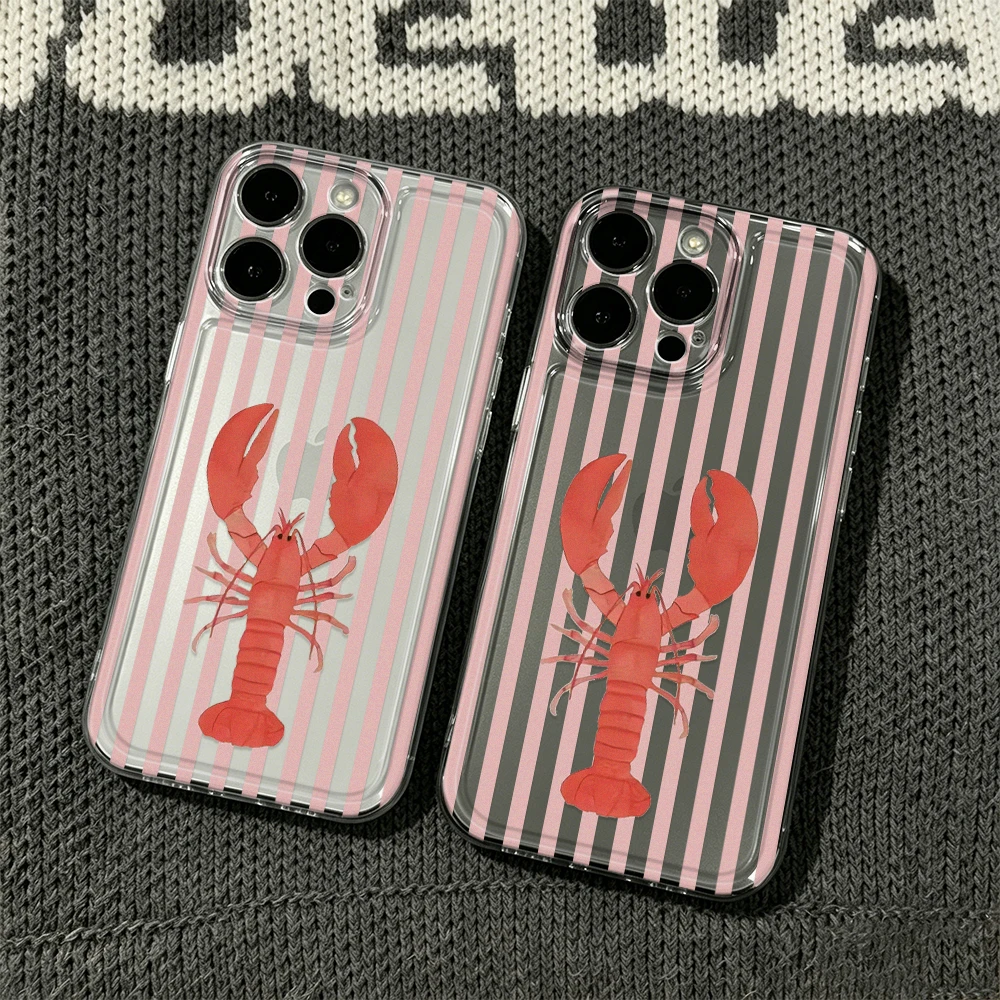 

Cute Striped Lobster Phone Case For iPhone 17 16 15 11 12 14 13 Pro Max Mini X XR 7 Plus 17E Shockproof Transparent Cover Fundas