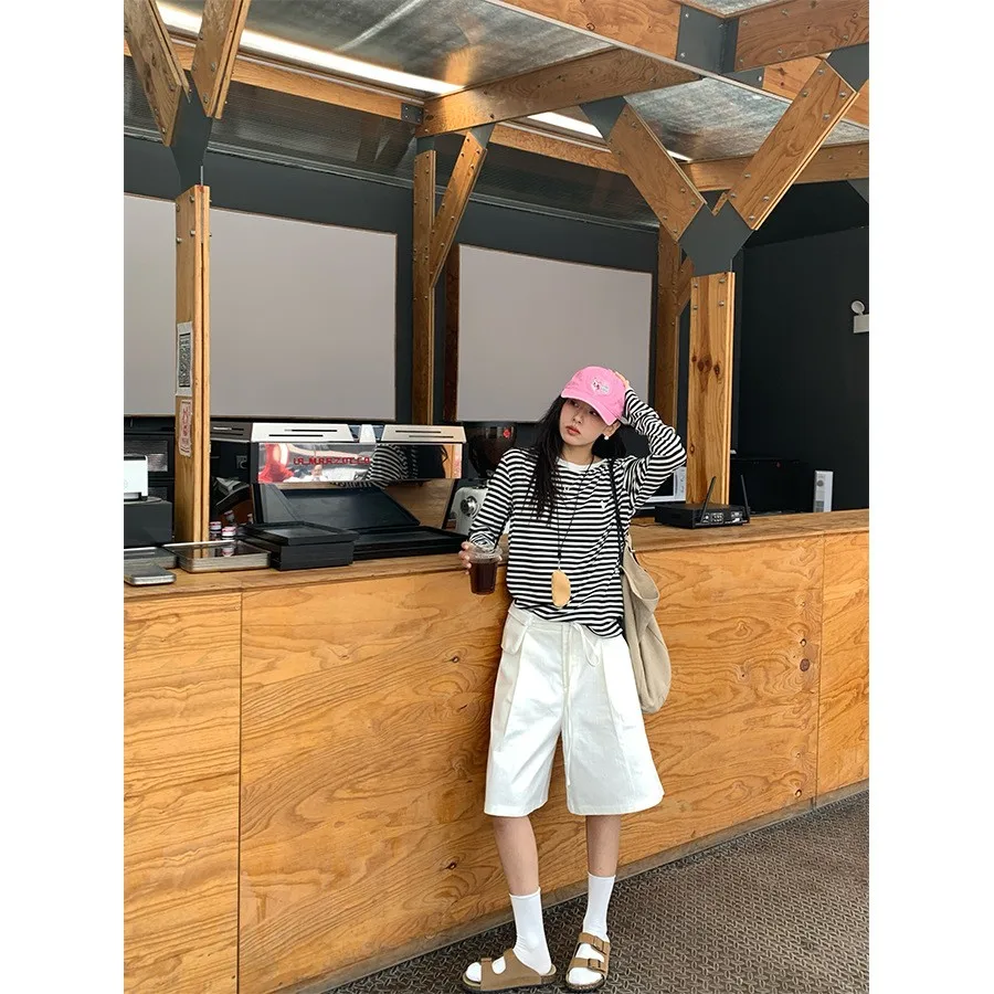 Classic High Waist Wide Leg Jeans orts Women's Summer Loose Feel Pants with Waist Bag Korean Sle Polyester Cotton Blend