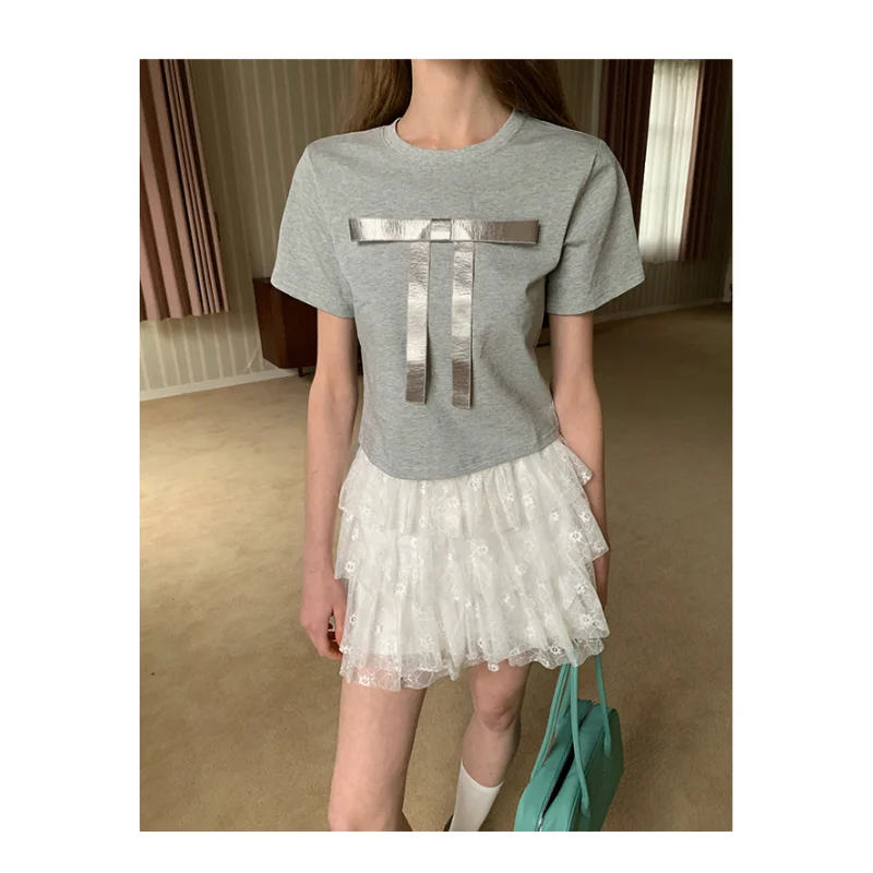 

Весенне-летняя французская тонкая базовая футболка с коротким рукавом и бантом, женская мода контрастного цвета, милый серый, белый, синий вязаный топ