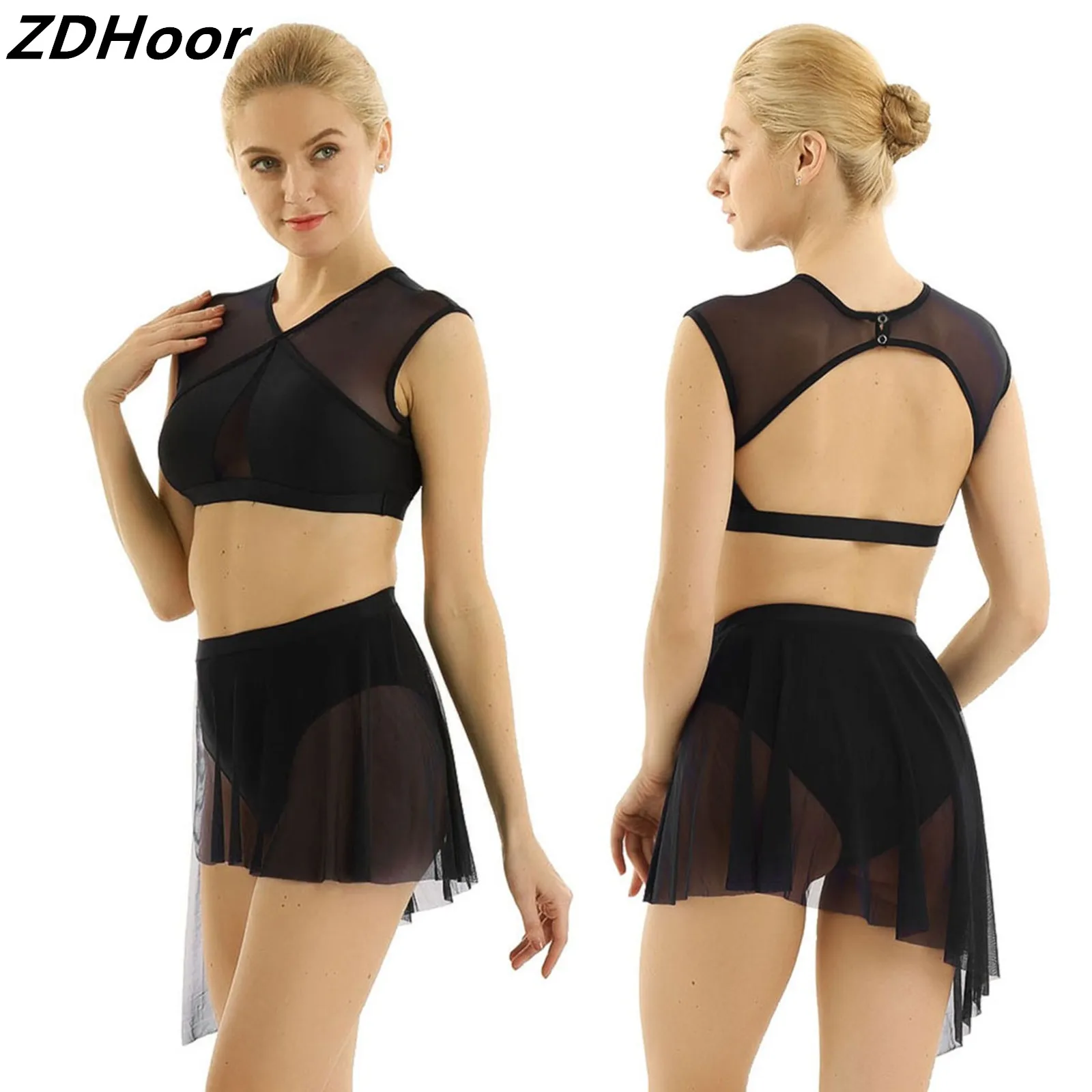 

Women Lyrical Dance Outfits Asymmetric Contemporary Sleeveless Criss Cross Crop Tops with Short Skirt