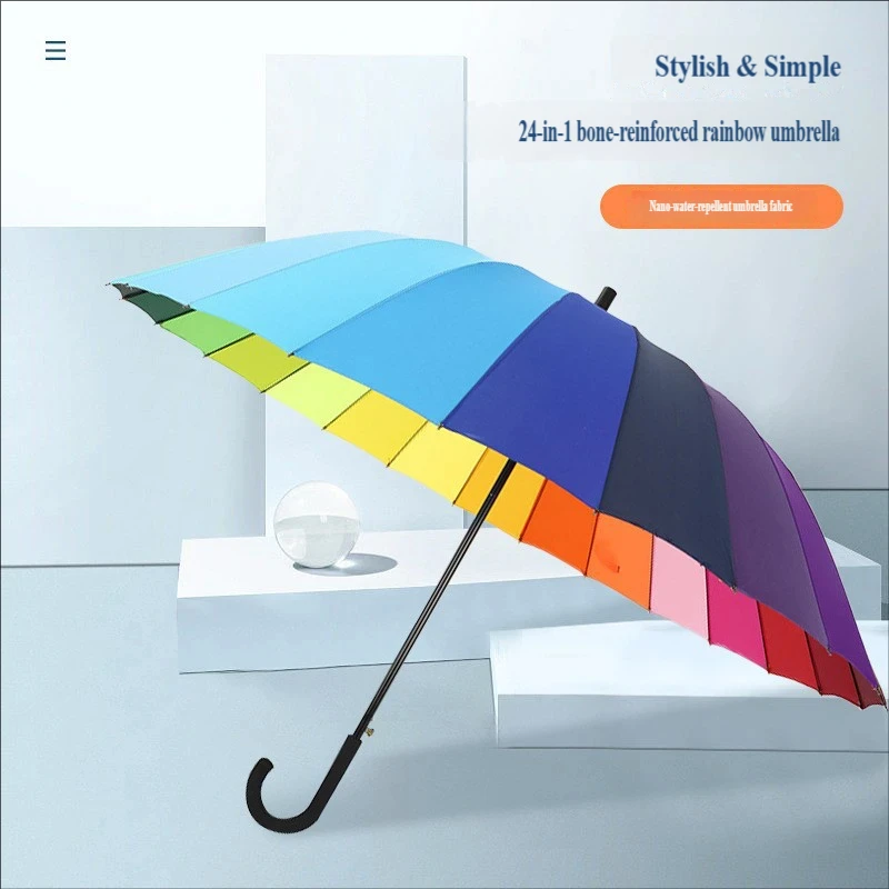 24-Rib Long Straight Handle Rainbow Umbrella, Wholesale Oversized Sturdy Windproof Dual-Use Sun Rain Umbrella for Men and Women