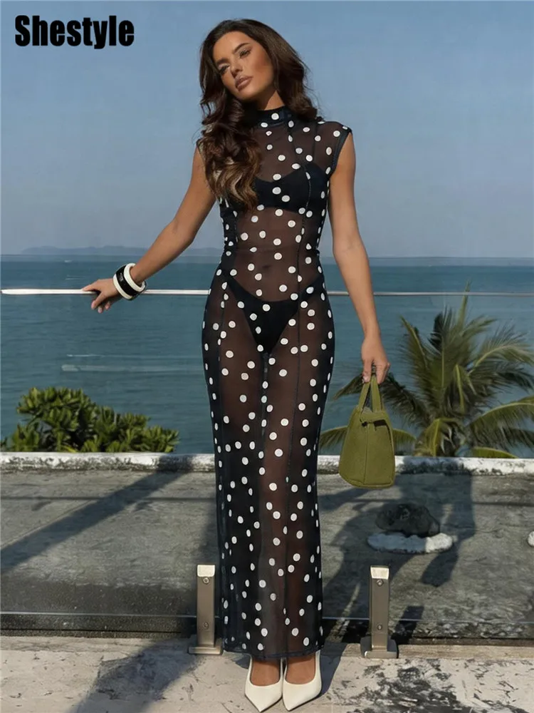 

Shestyle Mesh Transparent Elastic Long Dress Women Polka Dot Print Sleeveless Black Mock Neck Sexy Clubwear Hot Night Seductive