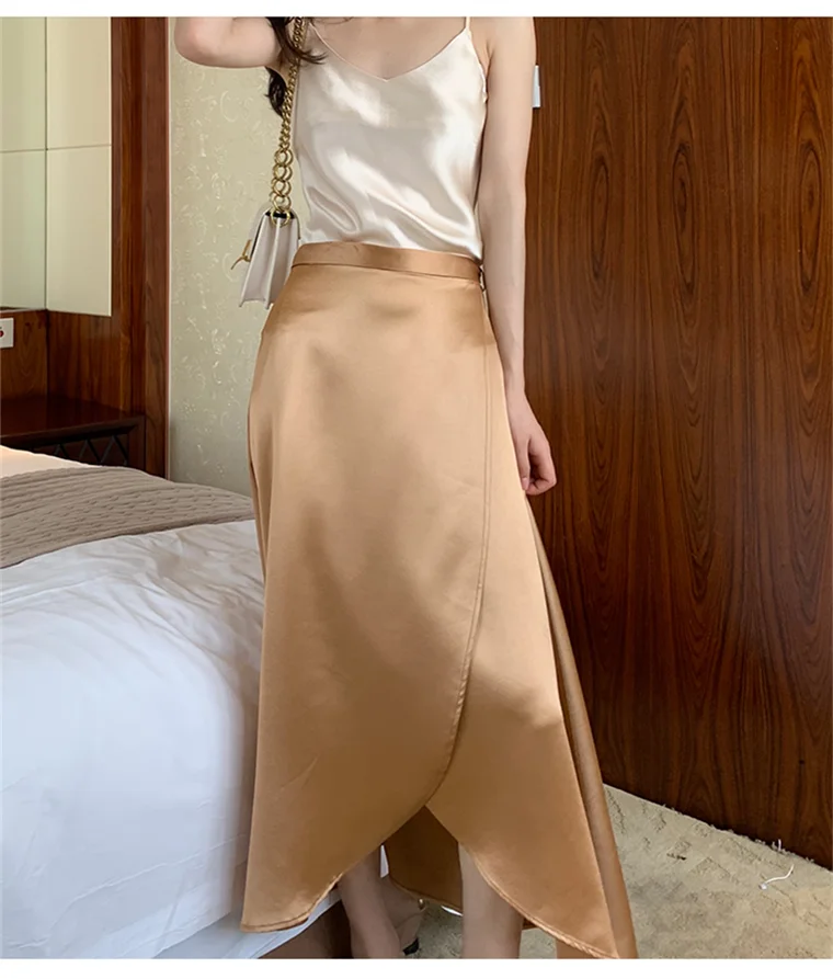 2026 Summer Lace-up One Piece Long Skirts High Waist A-Line Skirts Autumn Office Ladies Black Silk Satin Long Skirts Vestidos