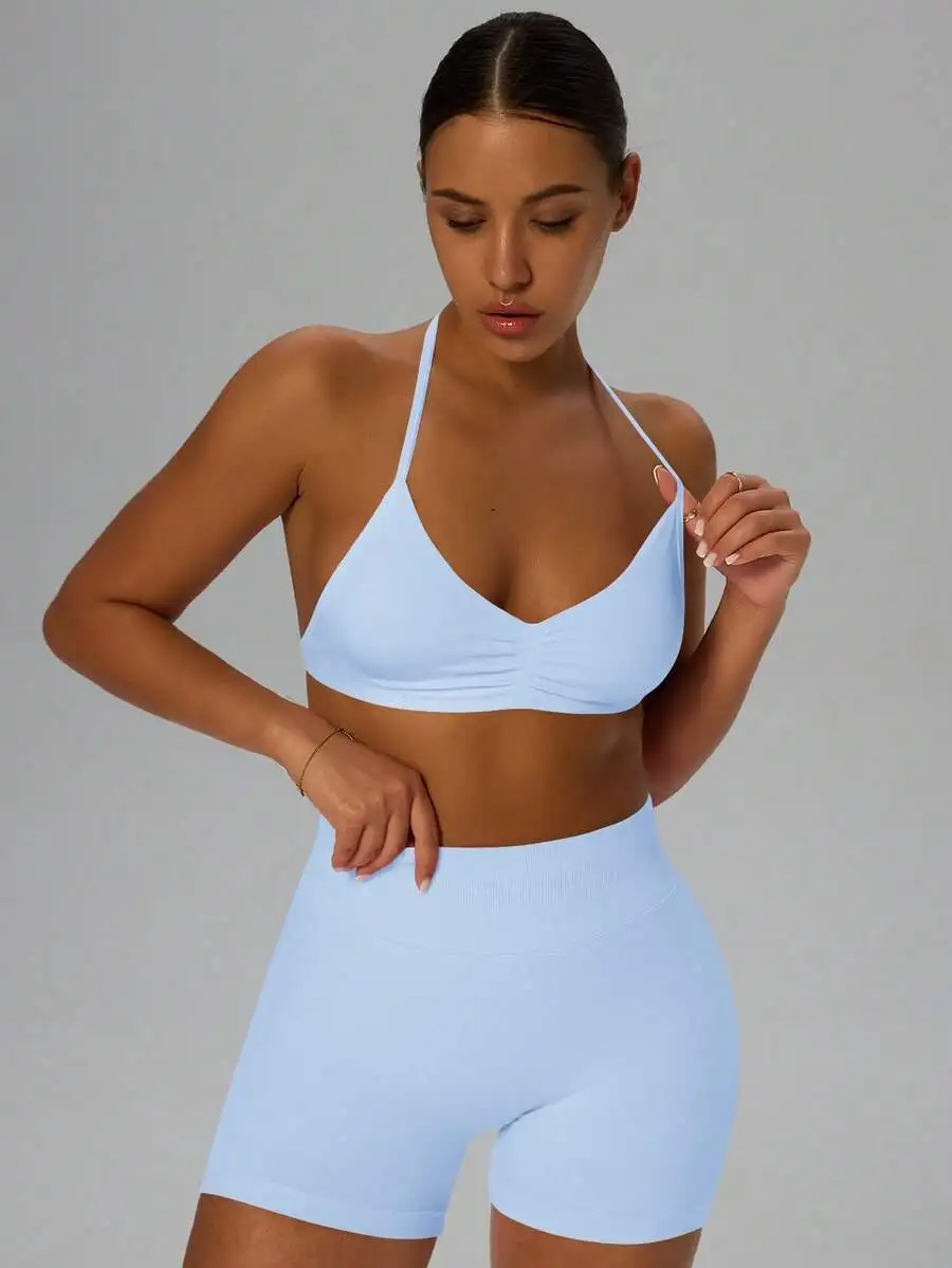 

Women High Support Spaghetti Strap Sports Bra And Shorts Set For Yoga Fitness