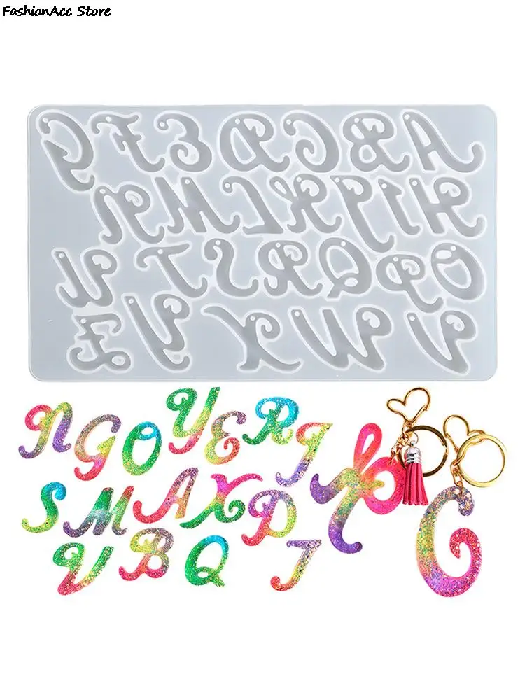 Resin Keychain Letter Molds with Hole Diy Crystal Resin Drop Glue Alphabet English Word Pendant Keychain Resin Silicone Molds