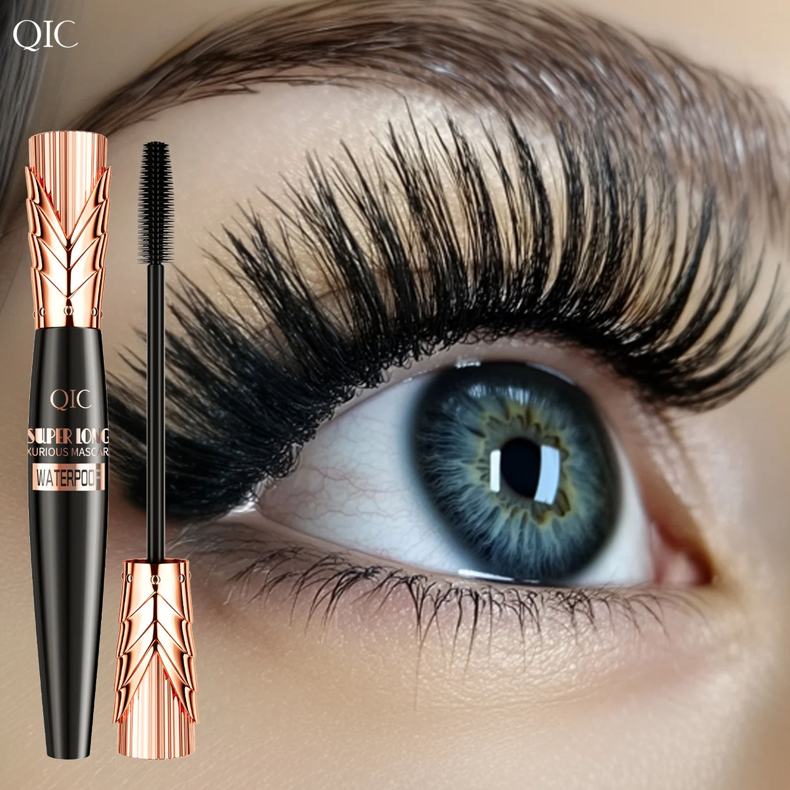 QIC Mascara 4D impermeabile Spessa lunga a prova di sbavature Carnoso crittografato Arricciatura a lunga durata Strumenti per il trucco degli occhi grandi