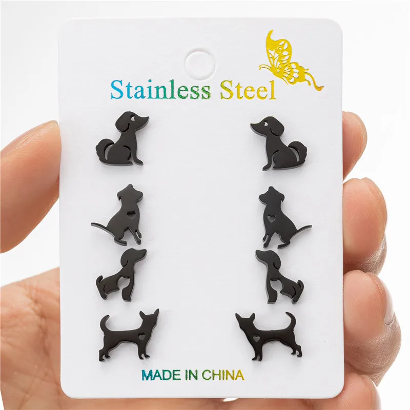 4Pairs/Lot Animal Cartoon Stud Earrings Black for Women Cute Corgis Dachshunds Bulldog Stainless Steel Earings Funny Gifts