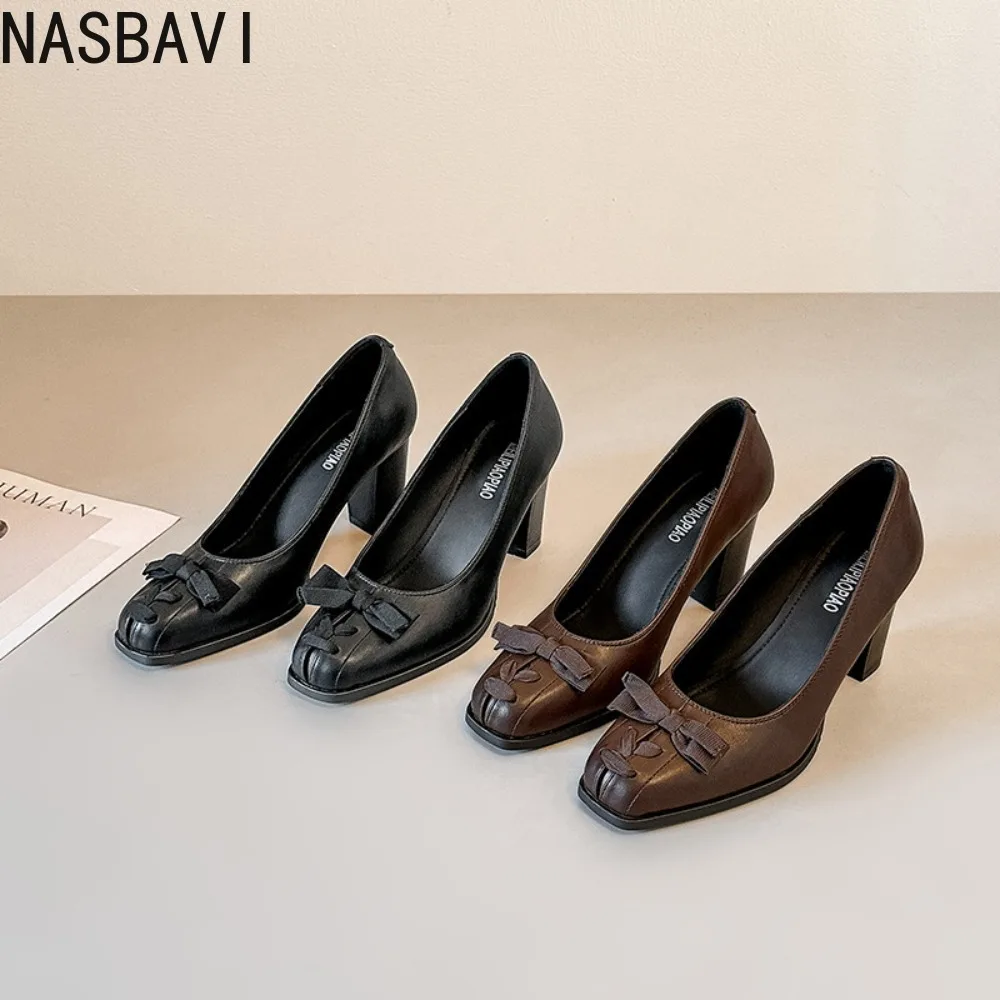 French Vintage Shallow Single Shoes Women 2026 Chunky Heel Commute Square Head High Heels Pumps Butterfly Knot Mary Janes Shoes