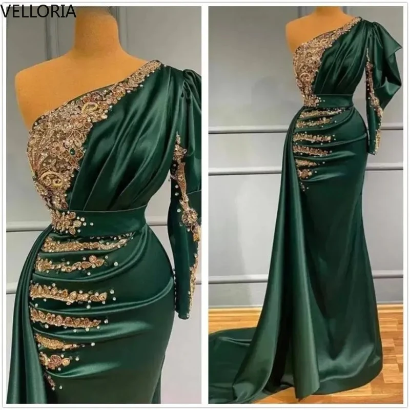 

Luxury Dark Green Ball Gown Gold Lace Pearls Beads One Shoulder Mermaid Evening Dress Party Dress Vestdos De Fiesta Customized