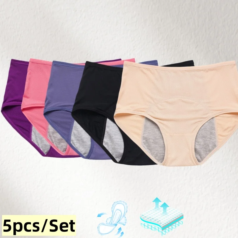 5pcs/Set Leak Proof Menstrual Panties Women Plus Size Waterproof High Waist Sanitary Briefs Bikini Period Underwear Lingerie