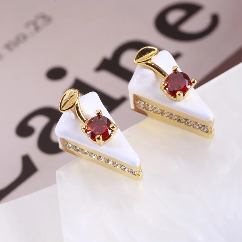 European American Jewelry Wholesale Enamel Glaze Sweet Lovely Little Cherry Triangle Mousse Cake Creative Temperament Earrings