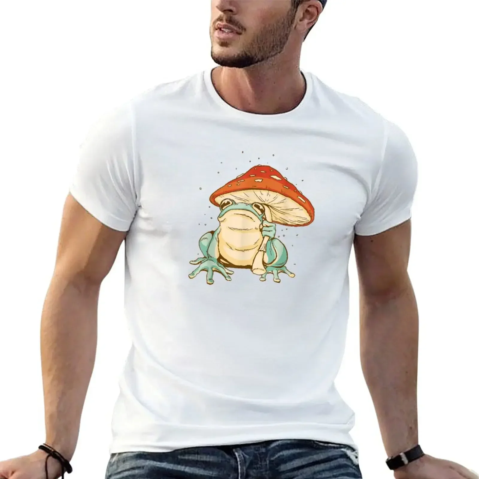 Kawaii Frog with Mushroom Hat and Toadstools - Cottagecore Aesthetic Froggy - Chubby Amanita Muscaria Forest Themed Fant T-Shirt