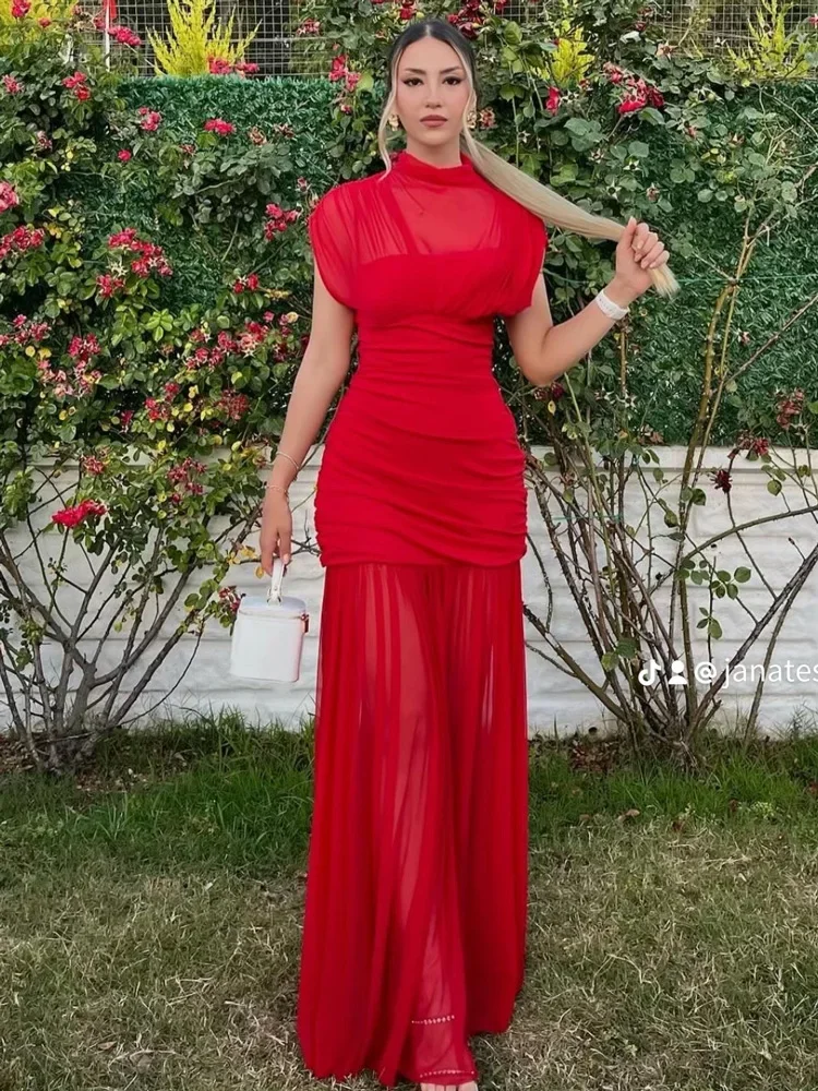 

Black Mesh Fashion Maxi Dress For Women Sleeveless See-Through Patchwork Pleated Party Dress Female Autumn Long Dress 2025