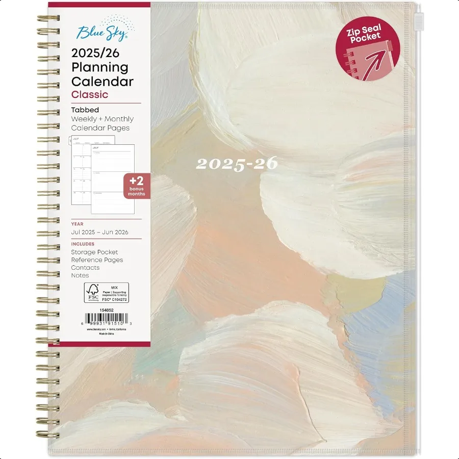 

20252026 Weekly and Monthly Academic Year Calendar July 2025 June 2026 8.5" x 11" Flexible Cover With Zip Pouch Wirebound Stor
