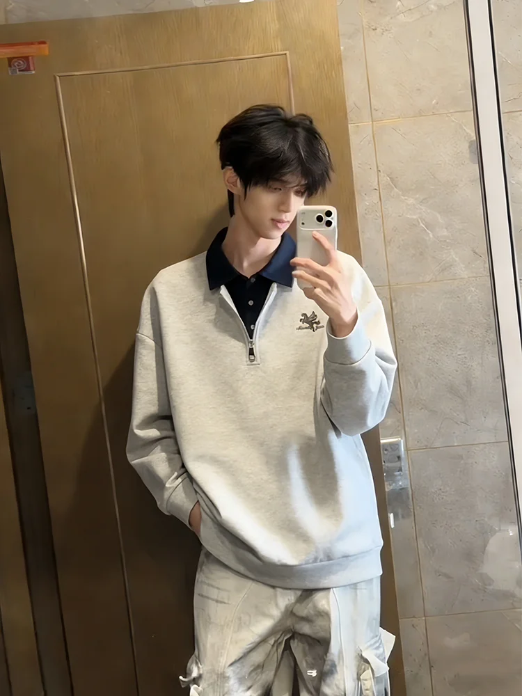 

American Sle Men's irt Hoodie Spring Autumn Semi-Zipper Cleanfit Jaet Embroidered Patchwork Fake Two-Piece Loose Fit