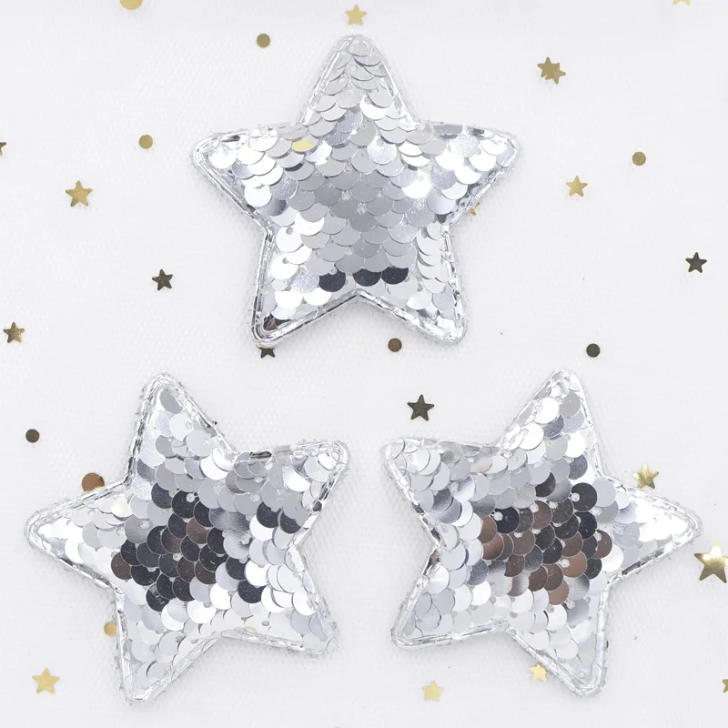 16Pcs 58mm Glitter Sequins Padded Appliques Star Patches for Baby Girl\'s Hoop, Clips, Band, Headdress, Hairdress, Ornament