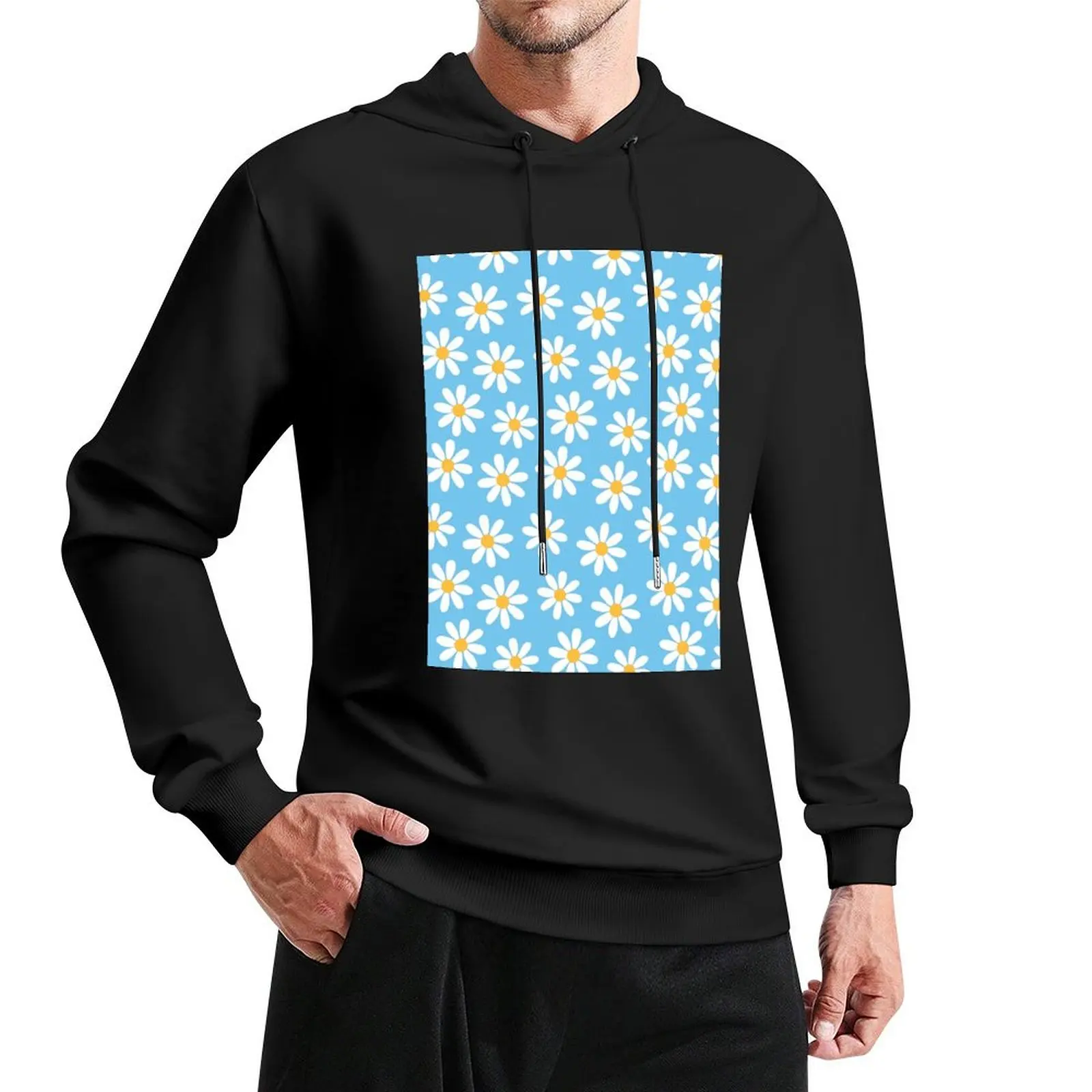 White Daisies on Blue Seamless Pattern Print Pullover Hoodie men clothing men wear designer hoodies