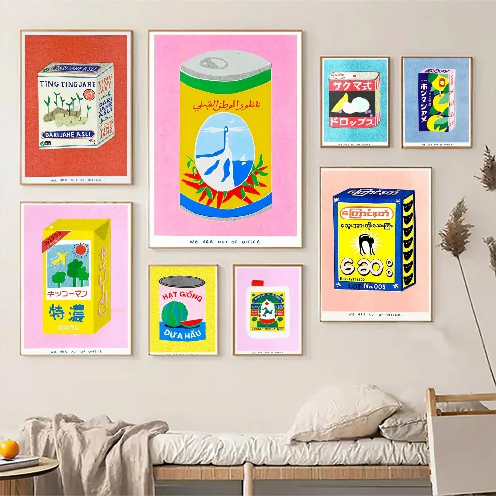 Pósteres de películas clásicas de tomate sardina enlatada con tinta de flor de jugo de limón rosa japonés, decoración nórdica para habitación, Bar y cafetería