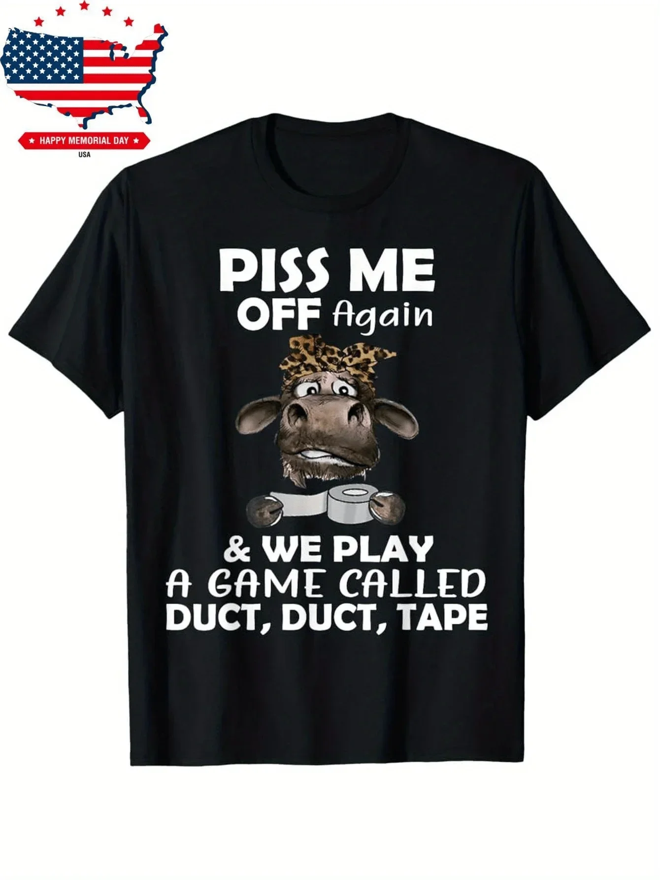 Men' S Retro Humorous Slogan T-Shirt - Play The Tape Game Again Cartoon Cow Design Black Short Sleeve Round Neck Casual Shirt -