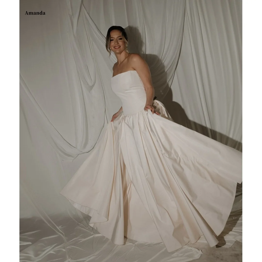 

Amanda White Strapless Satin Pleated Skirt Customized Formal Evening Floor-Length Gown vestidos de gala Elegant Prom Dresses