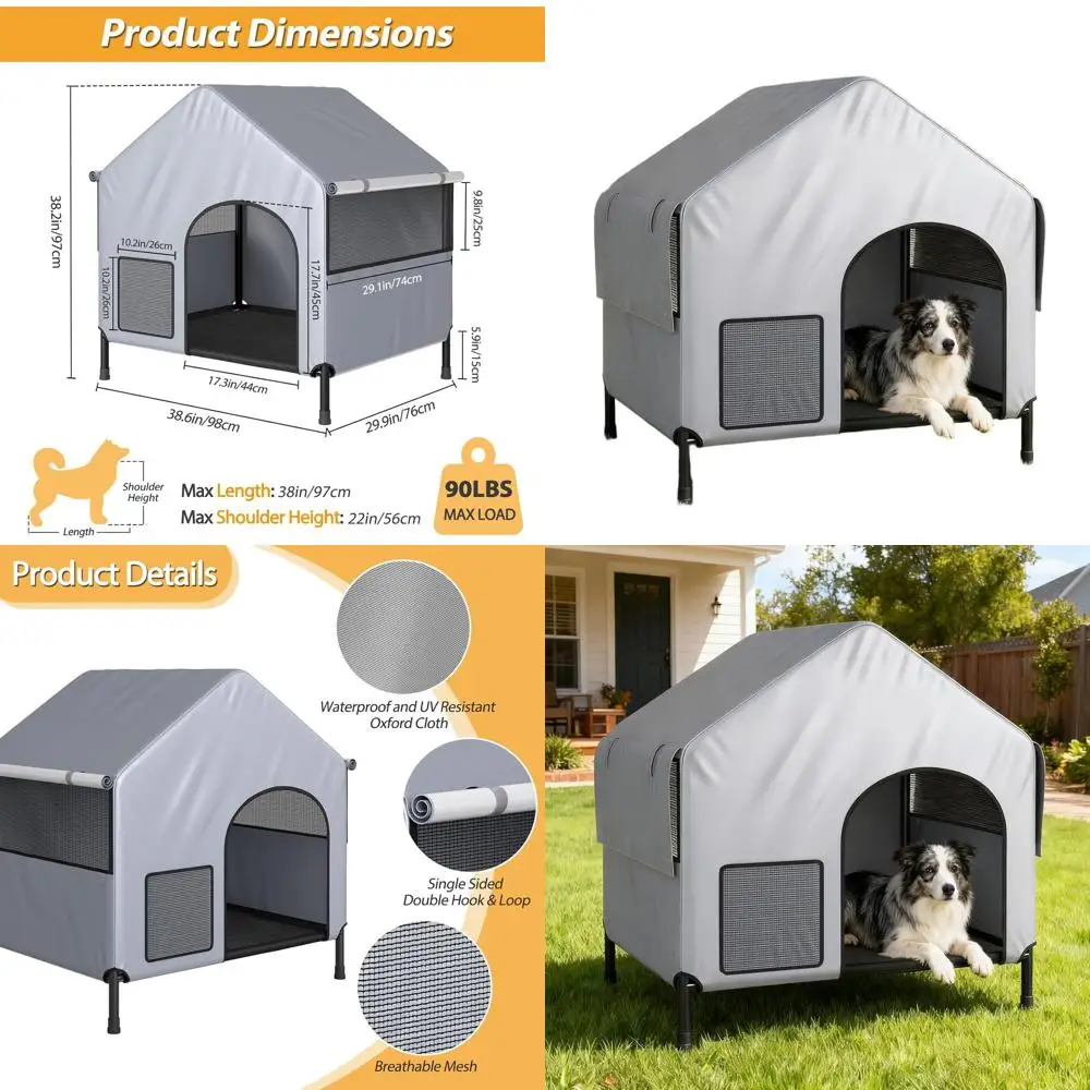 

Weatherproof 600D PVC Canopy Large Dog House for Outdoor & Indoor Use, with Elevated Bed for Dogs up to 90lbs