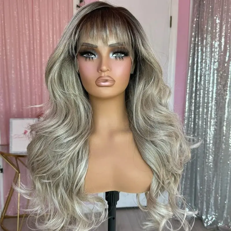 Dark Ash Blonde Grey Highlights Synthetic Blended Human Hair Wigs Bangs Natural Wave Wig Ombre Two Tone Lightwight Ladies Wig