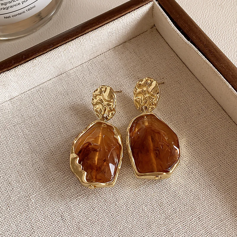 Vintage Braune Harz Tigerauge Stein Baumeln Ohrringe für Frauen Trendy Gold Farbe Metall Rahmen Geometrie Ohrringe Schmuck Geschenke – Detail 13