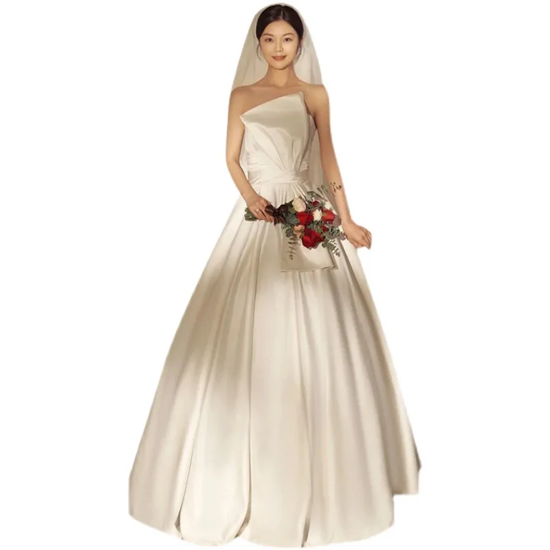 Vestido blanco de lujo de satén sin mangas, vestidos de novia para mujer, decoración de lazo, vestido de fiesta de cumpleaños, sesión de fotos de boda personalizada