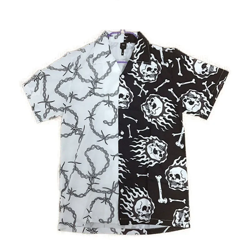 남성용 퍼플 블랙 패치워크 빈티지 셔츠, 하와이안 반팔 셔츠, 캐주얼 프린트 비치 셔츠, 오버사이즈 탑, 여름 신상