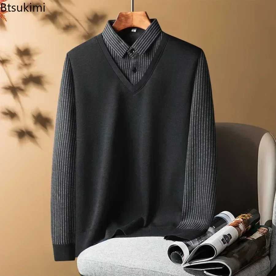 

2025 Men's Warm Knitwear Pullover Fake Two Pieces Lapel Long Sleeve Sweaters Loose Soft Men Winter Warm Clothing Tops Sweater