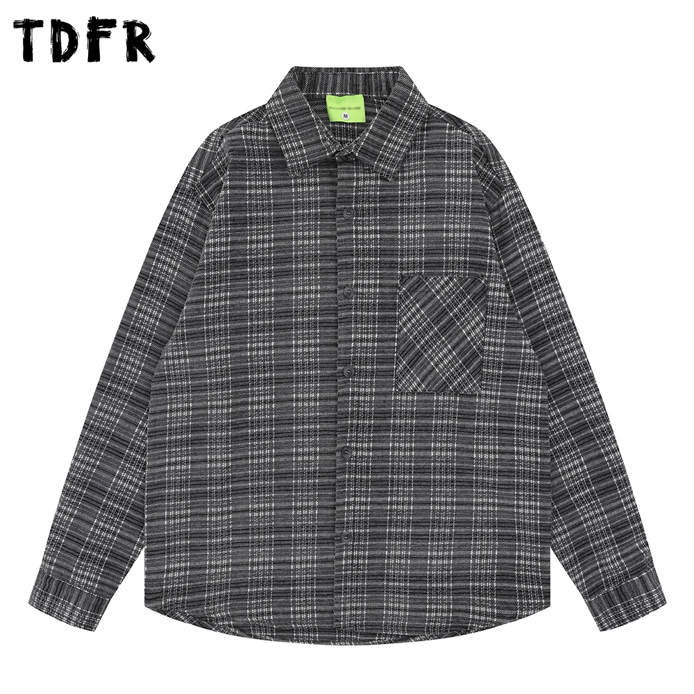 

Retro Pocket Plaid Shirts Mens Autumn Casual Single Breasted Lapel Long Sleeve Checked Shirt Man