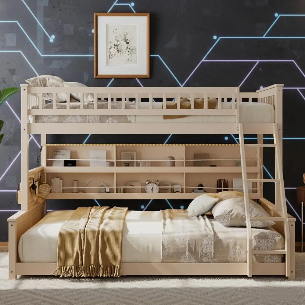 

Twin XL Over Queen Bunk Bed with Storage, LED Lights, and Safety Rails, Solid Wood, Suitable for Kids and Teens, Beige