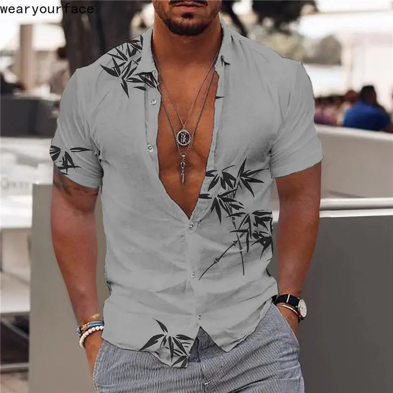 

Hawaiian Shirts Printed Colors Bamboo Leaves Graphics Dress Shirt Buttons Short Sleeve Streetwear Beach Casual Men Clothing