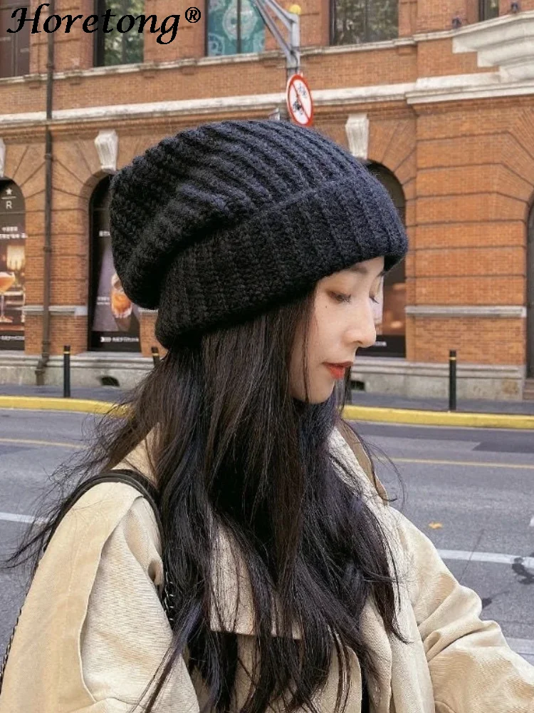 Horetong Winter Knitted Hat Women Korean Fashion Solid Outdoor Warm Beanies All-match Casual Elastic Comfortable Cap 2022 New