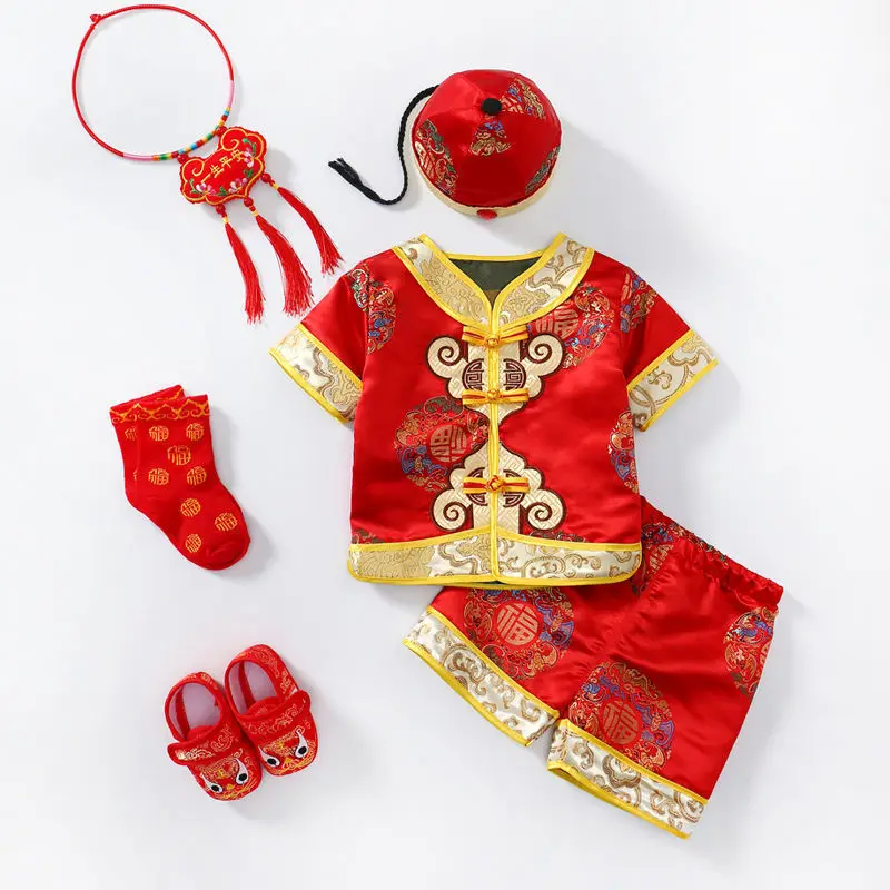 Children Tang Suit Photography Clothes Chinese Traditional New Year Costume Newborn Baby Hanfu Hat Kids Short Sleeved Shorts