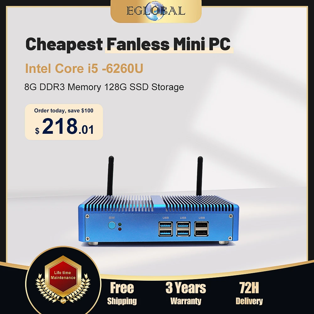 

EGLOBAL Chepeast Fanless Mini PC Intel i5-6260U 8G DDR3 128G WiFi5 Windows 11 pro for Cash Register Office Home News Kiosk Use