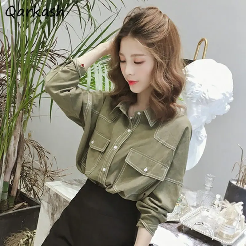 

Shirts Women Pockets Simple Leisure All-match Basic Tops Single Breasted 3 Colors Feminino Daily Spring Loose College Ulzzang