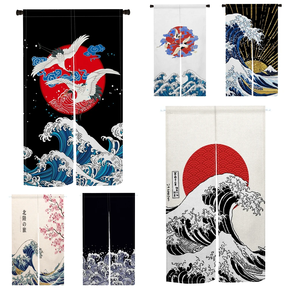 

Дверная занавеска в японском стиле, традиционная перегородка с волнистым журавлем и принтом вишни, декор, тканевая перегородка для кухни, спальни