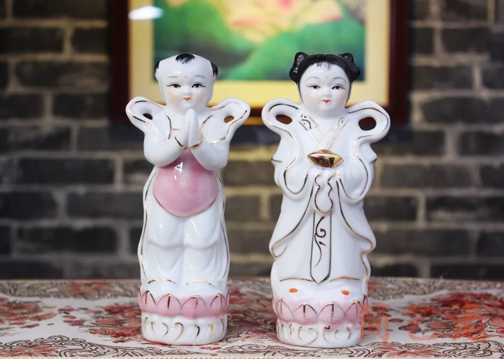 A pair-Wholesale Buddha figure HOME SHOP Temple Propitious FENG SHUI GUANYIN TONGZI maidens JIN TONG YU NV color Ceramic statue