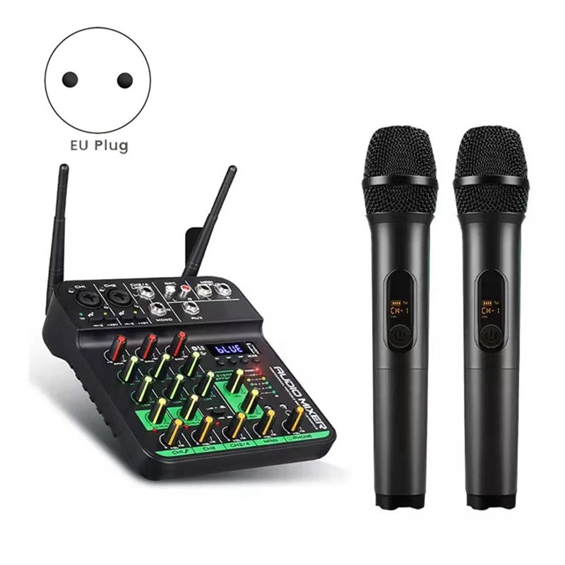 Audio Mixer with 2 Wireless Microphone 4 Channel UHF USB Delay Repaeat Effect Sound Mixing Console for PC Recording EU-A74P