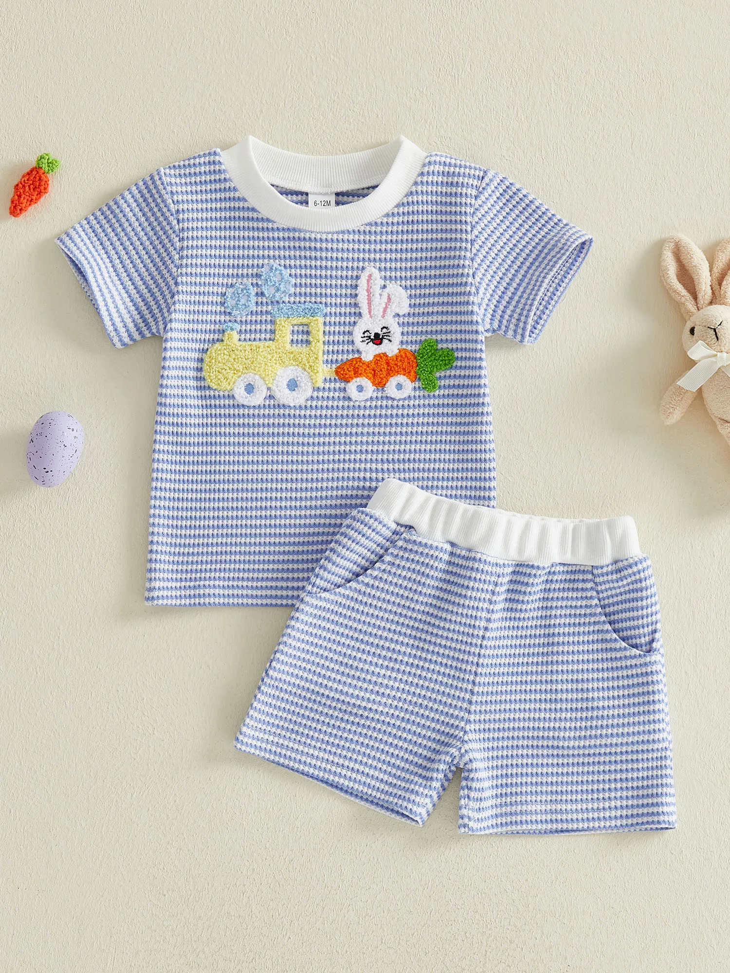 

Boys Easter Outfit Set with Short Sleeve O Neck Bunny Carrot Train Embroidery Top and Striped Shorts for a Stylish Look