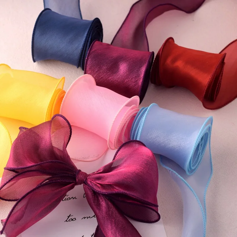 Satin Organza Ribbon Rainbow Fabric Tulle Roll For Handmade Bow Craft Hair Ornament Wedding Gift Baking Box Packing Material