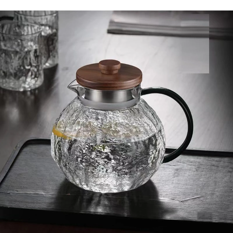Vintage Glass Kettle Wooden Lid Tea Coffee Pot Cups Set Simple Home Kitchen Desktop Handheld Type Drinkware Water Kettles Teacup