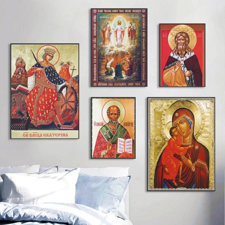 Icons St. Nicholas Of Myra Orthodox Religion Character Virgin Mary Posters Canvas Painting Print Home Church Decor Wall Art