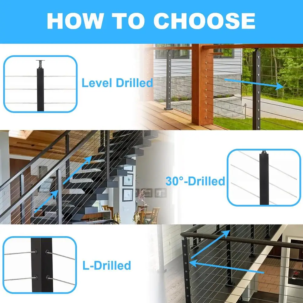 36" roestvrij staal geboorde kabelrailingpaal vast boven trapdek veranda hek zwarte afwerking ideaal binnen en buiten gebruik