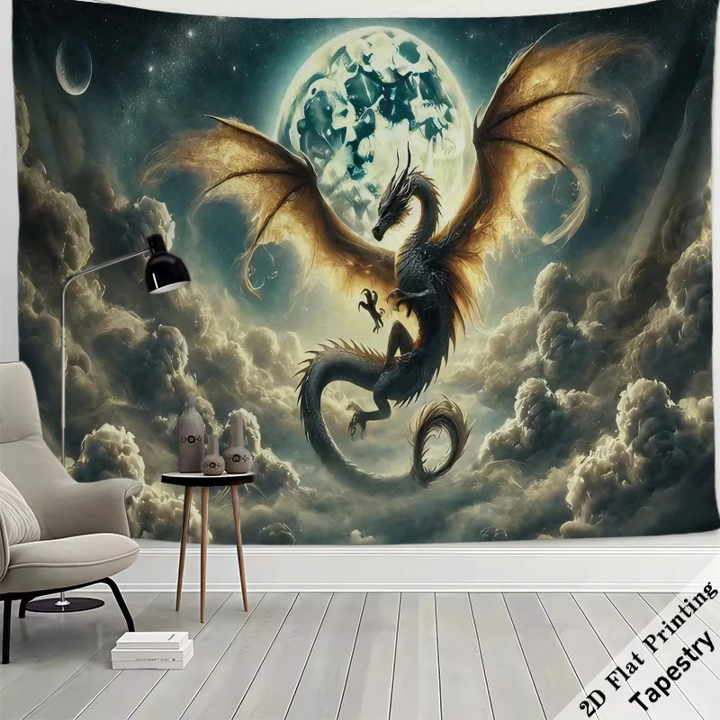 Fantasy Dragon Moon Tapestry Wall Art Celestial Cosmic Decor Gothic Evil Creature Background Print 180x280cm
