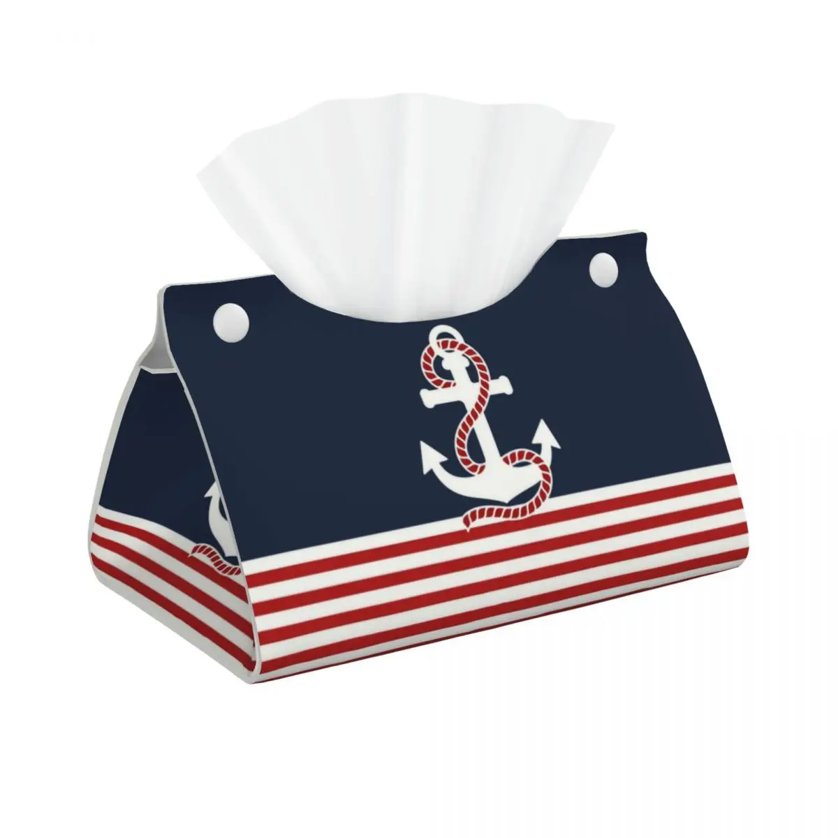 Custom Navy Blue Stripes Nautical Anchor Boat Tissue Box Cover PU Leather Rectangular Facial Tissue Box Holder for Bathroom Home