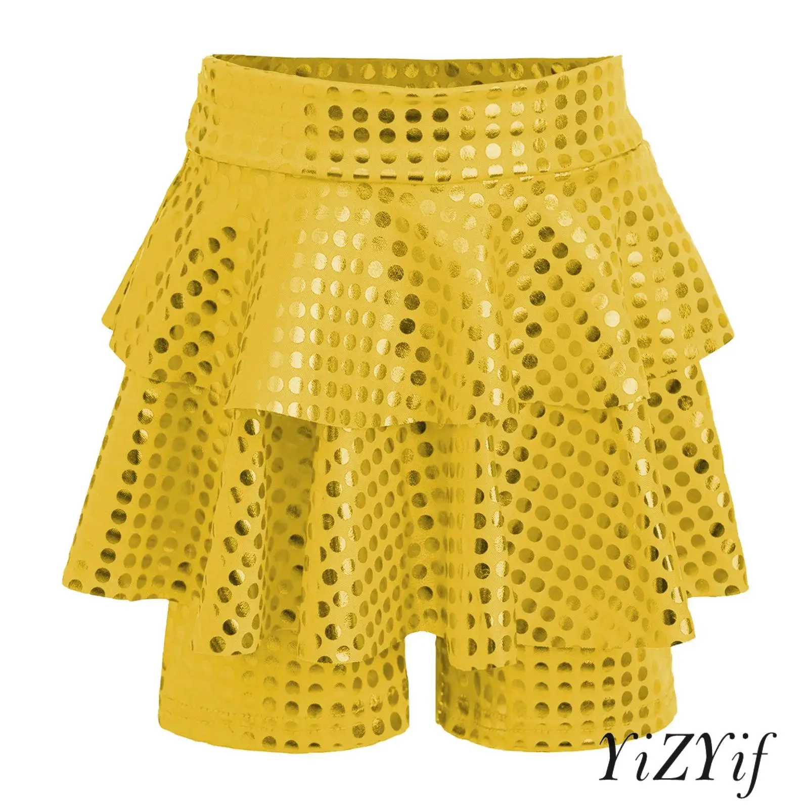 

Kids Girls Jazz Dance Skirted Shorts Metallic Dots Culotte High Waist Elastic Waistband Cheerleading Performance Parties Clothes