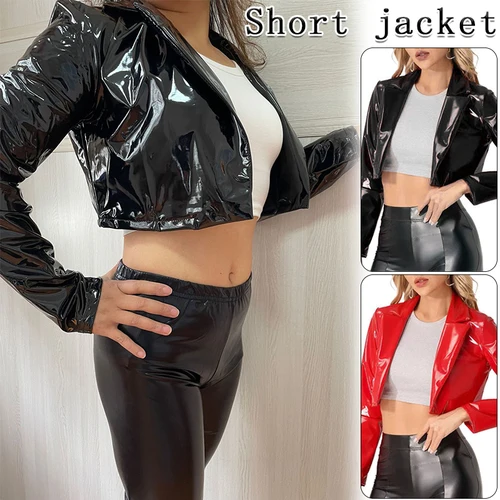 Imagen 2 del producto Abrigo de cuero PU brillante para mujer, Top corto de tendencia, chaqueta Sexy con cintura para motocicleta, uniforme para discoteca de cuero brillante con espejo rojo, S-3XL