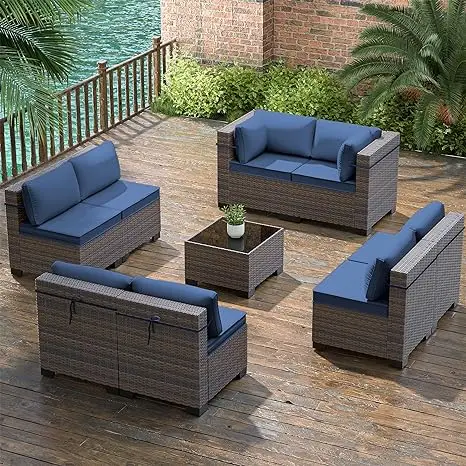 

6/7/8/9 Pieces Outdoor Patio Furniture Sets All-Weather PE Wicker Patio Sofa Backyard Deck Couch Conversation Chair Set w Table